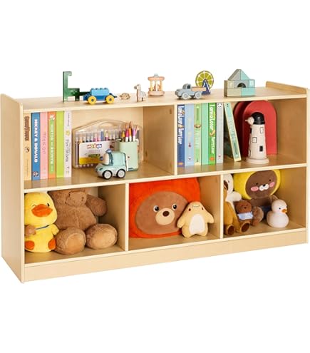 Libreria Scaffale In Legno Per Bambini - 5 Cubi Aperti (2 Grandi, 3 Piccoli), 111x30x61.5 Cm, Naturale Chiaro - Per Cameretta, Asilo, Portagiochi, Libri
