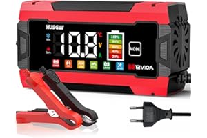 Husgw 12V 10A Caricabatterie per Auto，LiFePO4 Caricabatteria per Moto, Processo di Carica a Tre Fasi, Molteplici Funzioni di Sicurezza, Adatto per Auto, Moto, AGM, GEL, Wet, SLA e LiFePO4
