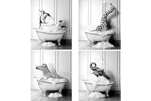 LXTOPN Tableaux de salle de bain - Animaux dans la baignoire - 4 panneaux sur toile - Pingouins, girafes, zèbres, éléphants - Noir et blanc - Impression murale - Poster de bain de rêve - Pas de cadre (20 x