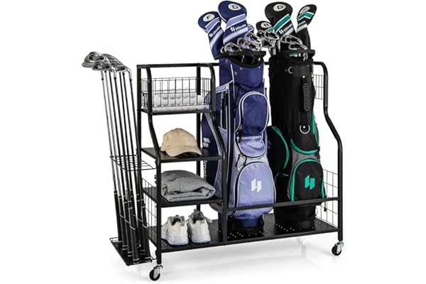 GYMAX Organisateur Rangement pour Clubs de Golf avec 4 Roues Verrouillables, Rangement de Sac et Accessoires de Golf avec Étagère et Crochets
