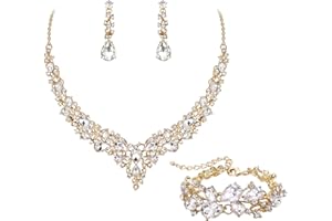 Ever Faith Wedding Bridal Jewellery Sets for Women, Sparkly Rhinestone Crystal Floral Teardrop Cluster Statement Necklace Dangle Drop Earrings Bracelet Set 3 Pcs Costume Jewelry for Prom Cocktail