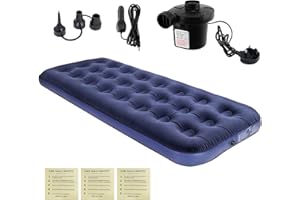 Homvvi Single Air Bed, Quick Inflatable Flocked Air Mattress - Lightweight Inflatable Mattress with AC Electric Air Pump, Thickened Comfortable Blow Up Mattress for Camping, Caravan, Guest Bed
