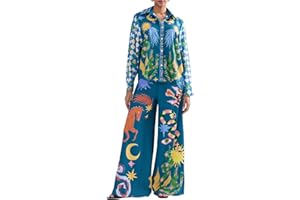 Achlibe Women's Casual Outfits Print Two Piece Set Long Sleeve Lapel Button down Tops Drawstring Long Pants Streetwear