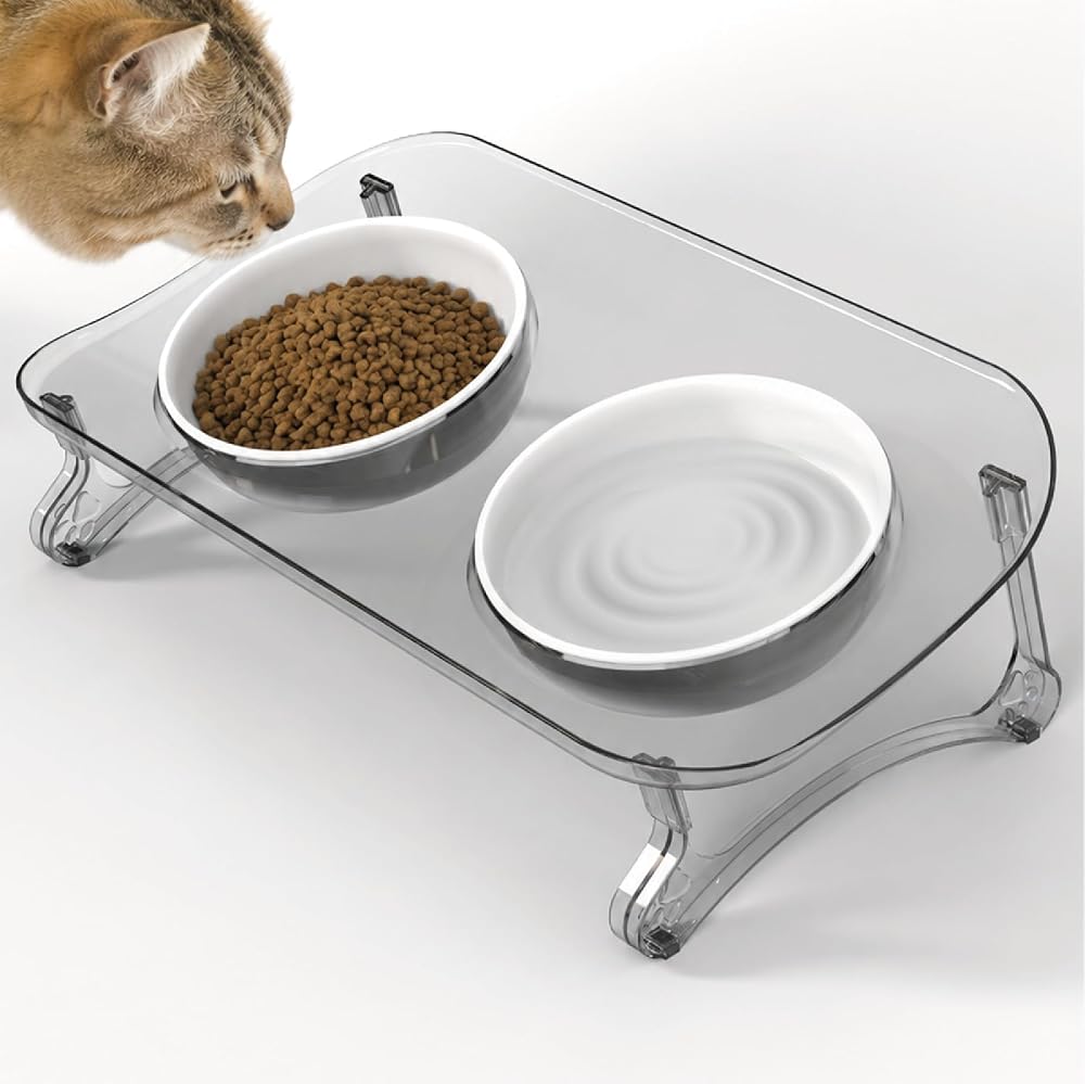 Mama Kabı, Mama ve Su Kabı, Kedi Mama Kabı, Kedi Mama ve Su Kabı, Köpek Mama Kabı, Kedi Mama Kapları, Köpek Mama ve Su Kabı, 15° Eğimli Yüksek Çift Kaseli (Transparan+Beyaz)
