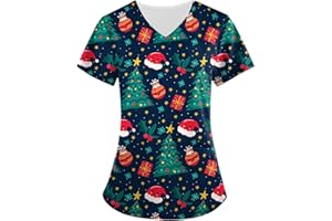 HSUAYEUD Christmas Scrubs for Women Medical Uniform Nurse Hospital Tops Xmas V-Neck Working Uniforms Adult Santa Workwear
