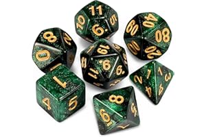 QMAY DND Lot de 7 dés polyédriques pour Donjons et Dragons MTG RPG D&D D20, D12, D10, D%, D8, D6, D4 (Noir avec Vert + Paillettes)