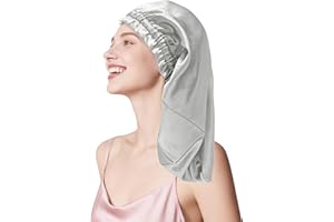 townssilk Bonnet de nuit en soie, 100% mûrier 22 momme, pour femme, luxueux, respirant, tient bien toute la nuit & sans pression, idéal pour cheveux longs et bouclés – Silver 58cm