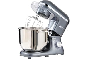 Kitchen in the box Robot Pâtissier 1400W, Bol 7,5L en Acier Inoxydable, 6 Vitesses, Tête Inclinable, Accessoires Inclus (Fouet, Crochet, Batteur), Idéal pour Pâtisserie et Boulangerie (Gris)