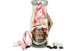 ‎DER ZUCKERBÄCKER DIY heisse Schoki zum Selbermachen, süße Trinkschokolade im Glas mit 45 gr Schokodrops, Mini-Marshmallows und einer Zuckerstange, warmer Kakao