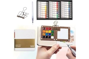 Brynest Mini Travel Watercolour Paint Set – Walnut Wood Box with 24 Watercolour Paints, 15-Well Palette, Portable Sketchbook & Water Pen - Ideal for Outdoor Sketching, Students, Beginners and Gifts