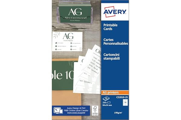 AVERY - Pochette de 250 cartes de visite imprimables. En carte blanche mate 185g/m². Format 85 x 54 mm. Impression laser/jet d'encre. (C32010-25)