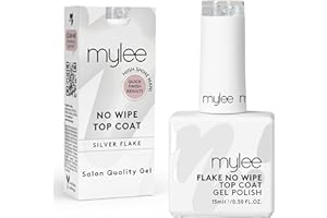 Mylee Nail Gel Polish Flake No-Wipe Top Coat 15ml, UV/LED Soak-Off Nail Art Manicure Pedicure, Professional, Salon & Home Use, Long Lasting, Easy to Apply, No Chips, Durable & Safe (Silver Flake)