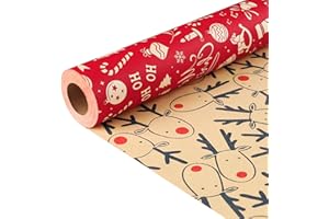 AELION Christmas Wrapping Paper Roll, Xmas Gift Wrap Paper with Double-sided, 43cm*10m Kraft Traditional Santa Present Decorations Accessories for Party Holiday New Year, Vintage Gifts Ornament for His/Her