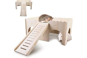 WIYETY Cama de madera para conejillo de indias, casa grande con rampa y entradas, accesorios para conejillos de indias, para chinchilla, hámster, conejo, hurón - 34 x 24 x 18 cm