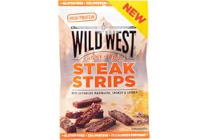 Wild West Steak Strips Jerky, 25g Honey BBQ, high Protein Viande séchée, Beef Jerky Snack protéiné, Bœuf séché