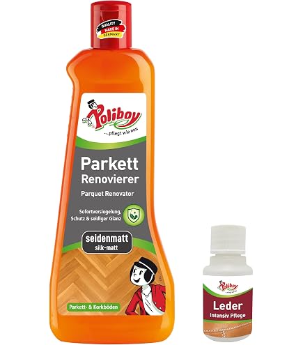 Poliboy Parkett Renovierer seidenmatt + Grundreiniger - perfektes Set zum pflegen von matten Parkettböden - 2x 500ml (1000ml)