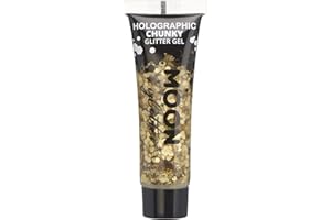 Holographic Chunky Face & Body Glitter Gel by Moon Glitter - Gold - Cosmetic Festival Glitter Face Paint for Face, Body, Hair, Nails - 12ml