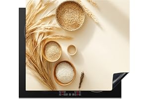 KitchenYeah© Protege Plaque Tapis Pour Induction 59x52 cm Deco Cuisine Protection Vitrocéramique Pour Cuisiniere Céréales - Bois - Bol - Beige