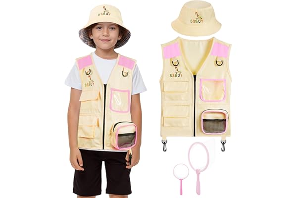 BSBUY Kit de Exploration Enfant, 4Pcs Kit de Aventurier Extérieur avec Gilet de Safari, Chapeau, Filet à Papillon, Loupe, Équipement de Explorateur Extérieur, Cadeau de Jouets Exploration pour Enfant