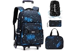 VOICI ET VOILA 4pcs Grande Mochilas Escolares con Ruedas Carro para Mochilas Escolares Niña Niños Grande Bolsas Escolares Trolley Bag Mochila Infantil Desmontable Cielo Estrellado Galaxy Azul 34x20x48cm