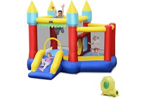 COSTWAY Hüpfburg mit Gebläse, Rutsche, Sprungbereich, Basketballkorb und 100 Bälle, für Indoor und Outdoor, inkl. Tragetasche, Reparaturset, 301 x 313 x 245 cm