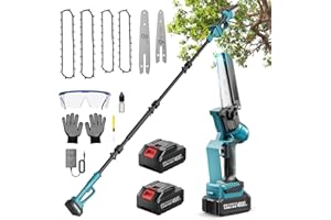 Ovshnrr 2 in 1 Perche Élagueuse 6 et 8 Pouces, Mini Tronçonneuse avec 2 Batteries 4000 mAh, 4 Longueurs Peuvent être Epissées Extension jusqu'à 14.1FT Élagueuse pour le Jardin, le Branches et le Bois