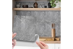 Fantasnight Marble Stick on Tiles 30 x 30cm 24Pcs, Grey Tile Stickers Self Adhesive Wall Tiles, PET Peel and Stick Wall Glossy Stickers for Kitchen Bathroom