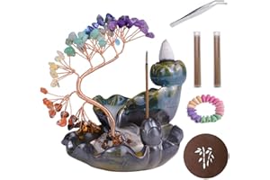 Waterfall Incense Burner, BOJVESH Backflow Incense Holder with Crystals Tree, 7 Chakra Crystal Censer Incense Stick Stand with 60 Incense Cones, 30 Incense Sticks, Aromatherapy Ornament Home Decor
