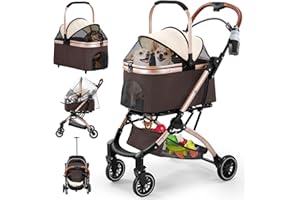 Gimars Upgrade 4 in 1 Katzenwagen & Hundewagen Bis 20kg Klappbar,360° Gummireifen Katzen Wagen Mit Hinterradbremse, Hundebuggy Mit Regenschutz Einziehbare Zugstange Für Kleine Hunde Katze Khaki
