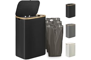 YEARVOT 160L Großer Wäschekorb mit Deckel, Wäschetrenner mit 3 Sortierbaren Wäschesäcken, Wäschekörbe mit Bambusgriffen, Schmutzwäschekorb Wäschekorb Wäschesortierer – Schwarz laundry baskets