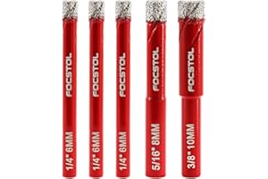 FOCSTOL Juego Brocas Diamante Seco - 5 piezas 6/6/6/8/10mm Broca Corona con Vástago Redondo para Gres Porcelanico Cerámica Granito Mármol Cuarzo