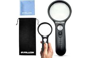 FALLCON F Lupa con Luz FALLCON de Gran Aumento LED 3X 45X,Lupa de Mano Portátil para Lectura y Observacion - con Paño de Limpieza y Bolsa de Almacenamiento.