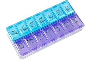 VINPAM Weekly Pill Organiser - 7 Day AM/PM Tablet Box, 14 Compartments Dosette Box for Daily Medication & Travel,Compact Pill Case for Vitamins (Blue-Violet)