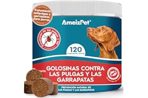 AmeizPet Pastillas Pulgas Y Garrapatas Perros, Antipulci per Cani, Pastillas para Perro Pulgas Y Garrapatas para Cachorros Y Perros Adultos, Enzimas Digestivas, 120 Chuches Caninas, 270g (9.5 Oz)