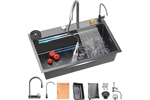 XDXINY Fregadero de cocina en cascada Fregadero de cocina de acero inoxidable de un solo tazón con grifo extraíble Flying Rain de carga superior multifuncional y varios accesorios (85x45x22CM)