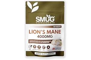 Lions Mane 4000mg British Made by SMUG Supplements - 180 Vegan Lion's Mane Mushroom Extract Tablets - Two-a-Day Dose with Black Pepper - 90 Day Supply - Potent Alternative to Capsules or Powder