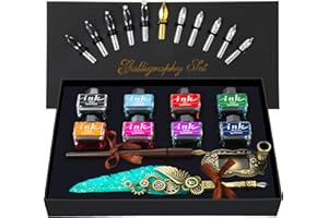 MPRINCE Quill Pen and Ink Set,Calligraphy Pen Set,Include Quill Pen,Wood Dip Pen,8 Bottles Of Ink,13 Stainless Steel Nibs Of Different Sizes,Pen Holder,Envelope Paper