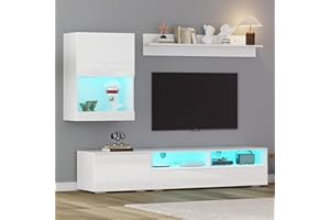 ‎MERAX Merax Wohnwand Wohnzimmer 3-Teilig Set, Wohnzimmer Möbel Set Hochglanz mit LED, TV Lowboard, Wandregal, Vitrine Hängend oder Stehend, Wohnzimmermöbel Komplett, Elegante Schrankwand, Mediawand, Weiß