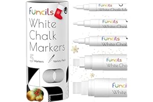 Funcils Blanc Marqueurs à Craie Lot de 5 Stylos Effaçables à sec Blancs pour Tableau Noir, Toile, Fenêtres, Verre - Pack de Variétés - Pointes Fine et Géante (1mm, 3mm, 6mm, 10mm, 15mm)