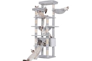 Heybly Árbol para Gatos, 200 cm de Altura Torre para Gatos, con 11 Postes, 2 Plataformas, 1 Cuevas, Cesta, Hamaca, 3 Pompón, Multinivel para Gato Grandes, Gris Claro HCT033W
