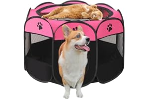 Exquilnova Tragbarer Welpenauslauf, 74 x 74 x 43 cm Hundelaufstall Faltbar Laufstall Katzengehege für Wohnung, Welpenlaufstall für Drinnen Wasserdichtes Oxford-Tuch für Hunde Katzen Kaninchen (Rose)