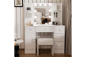 Umeiga 39.3" W Large Dressing Table with Hollywood LED Lights Mirror, Vanity Desk with Adjustable Brightness, 5 Drawers 1 Door and Open Shelves, White Modern Bedroom Dresser for Women and Girls
