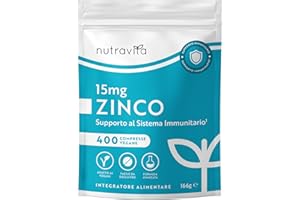 Zinco Integratore - 400 Compresse Vegane - 1 anno+ Fornitura - Zinco 15mg - Integratore Zinc per Mantenere il Normale Sistema Immunitario, Ossa, Capelli, Pelle e Unghie - Molto dosato - Nutravita