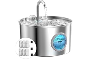 GIOTOHUN Fuente para Gatos Acero Inoxidable: Bebedero Automático 2.2L - Silencioso - Dispensador para Gatos y Perros - 6 Filtros + 3 Esponjas
