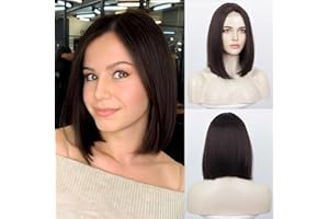 HAIRCUBE Peruki dla kobiet, ciemnobrązowe włosy, proste włosy, ręcznie wiązane, odporne na wysokie temperatury, instrukcja włosów, długość do ramion, naturalna, część środkowa (30 cm)