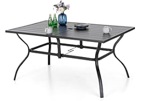 MFSTUDIO 152 x 96 x 71cm Garden Table, Outdoor Dining Table, Metal Rustproof Steel Frame and 4 cm Parasol Hole, for Deck, Backyard, Lawn, Garden (Black)