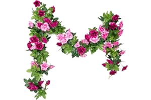 Hobyhoon 3PCS/23.7FT Artificial Red Rose Flower Garland, Outdoor Fake Silk Hanging Floral Garland, Rose Flower Vines for Wedding, Party,Garden, Arch, Indoor Wall Decor (Magenta)