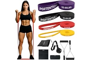 PORTENTUM Elastici fitness – Set da Bande elastiche 4 o 5 livelli intensità – Maniglie, ancoraggio porta, protezioni e borsa – Elastico palestra in casa uomini e donne – Forza Crossfit Yoga Pilates