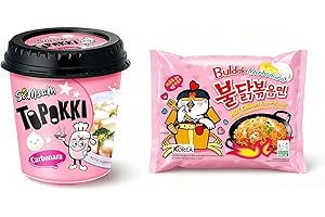 Samsam Korean Style Topokki Instant Meal Set ( Carbonara Flavor ) | Spicy Ramen & Samsam Rice Cake (Tteokbokki) Combo | Quick & Easy Korean Instant Food | Perfect for On-The-Go Meals or Snacks