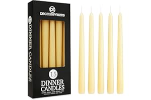 DECO EXPRESS Candles Set Classic Dripless Tapered Metallic Unscented 8H Burning Time, Decorative Dinner Candles for Restaurant Home Christmas (Ivory, 15 Pack)